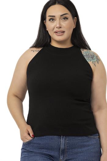 Büyük Beden Halter Yaka Yarım Balıkçı Fitilli Kaşkorse Siyah Body