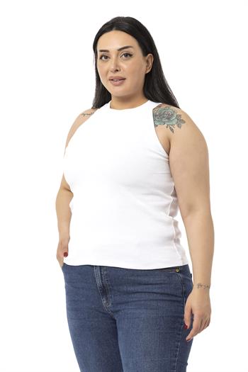 Büyük Beden Halter Yaka Yarım Balıkçı Fitilli Kaşkorse Beyaz Body