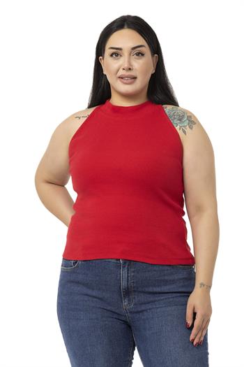 Büyük Beden Halter Yaka Yarım Balıkçı Fitilli Kaşkorse Kırmızı Body