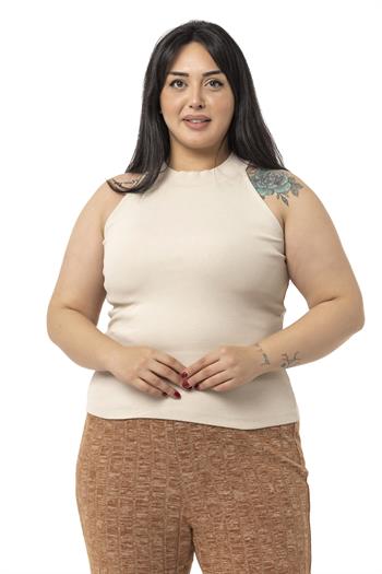 Büyük Beden Halter Yaka Yarım Balıkçı Fitilli Kaşkorse Bej Body