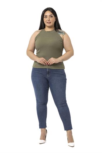 Büyük Beden Halter Yaka Yarım Balıkçı Fitilli Kaşkorse Haki Body