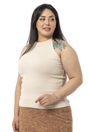 Büyük Beden Halter Yaka Yarım Balıkçı Fitilli Kaşkorse Bej Body