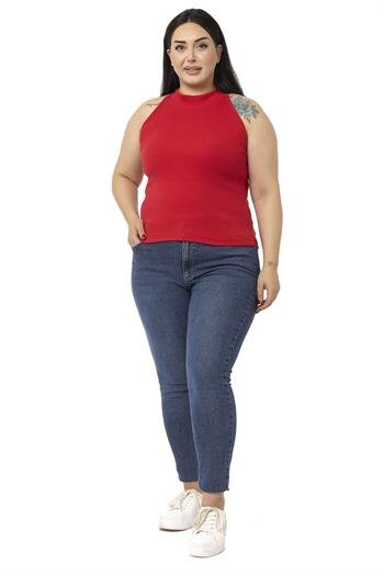 Büyük Beden Halter Yaka Yarım Balıkçı Fitilli Kaşkorse Kırmızı Body