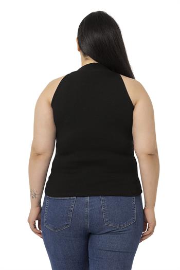 Büyük Beden Halter Yaka Yarım Balıkçı Fitilli Kaşkorse Siyah Body