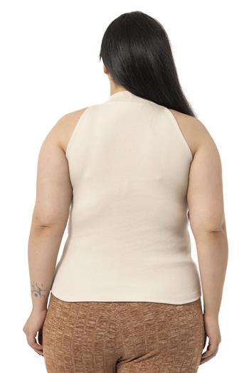 Büyük Beden Halter Yaka Yarım Balıkçı Fitilli Kaşkorse Bej Body