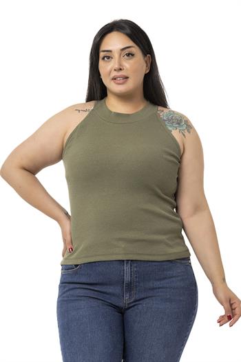 Büyük Beden Halter Yaka Yarım Balıkçı Fitilli Kaşkorse Haki Body