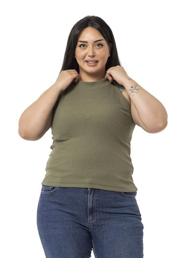 Büyük Beden Halter Yaka Yarım Balıkçı Fitilli Kaşkorse Haki Body