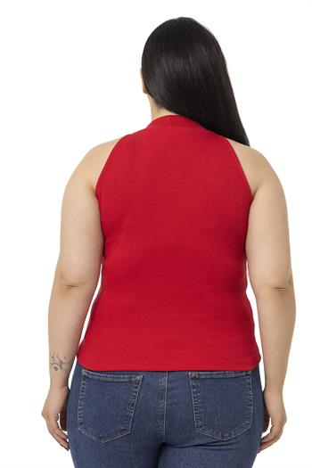 Büyük Beden Halter Yaka Yarım Balıkçı Fitilli Kaşkorse Kırmızı Body