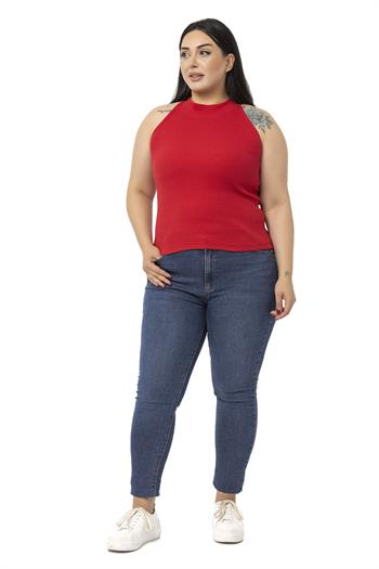 Büyük Beden Halter Yaka Yarım Balıkçı Fitilli Kaşkorse Kırmızı Body