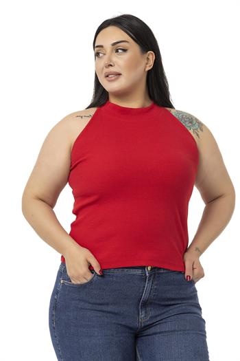 Büyük Beden Halter Yaka Yarım Balıkçı Fitilli Kaşkorse Kırmızı Body