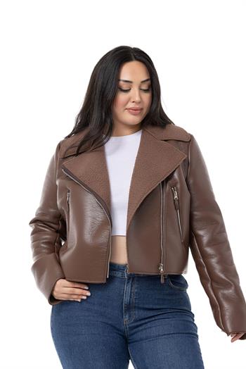 Büyük Beden İçi Kürklü Kruvaze Fermuar Detaylı Cepli Deri Kahverengi Mont