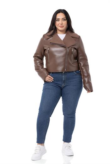 Büyük Beden İçi Kürklü Kruvaze Fermuar Detaylı Cepli Deri Kahverengi Mont
