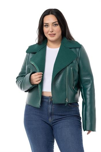 Büyük Beden İçi Kürklü Kruvaze Fermuar Detaylı Cepli Deri Zümrüt Mont