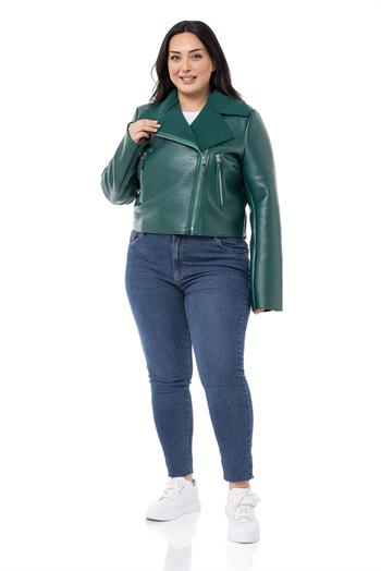 Büyük Beden İçi Kürklü Kruvaze Fermuar Detaylı Cepli Deri Zümrüt Mont