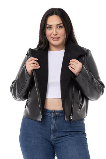 Büyük Beden İçi Kürklü Kruvaze Fermuar Detaylı Cepli Deri Siyah Mont