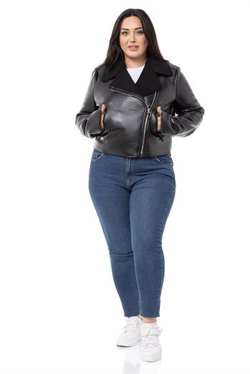 Büyük Beden İçi Kürklü Kruvaze Fermuar Detaylı Cepli Deri Siyah Mont