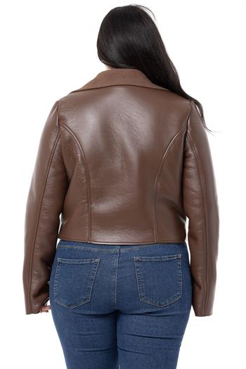 Büyük Beden İçi Kürklü Kruvaze Fermuar Detaylı Cepli Deri Kahverengi Mont