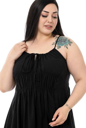 Plus Size Black Long Dress with Rope Straps and Elastic Waist