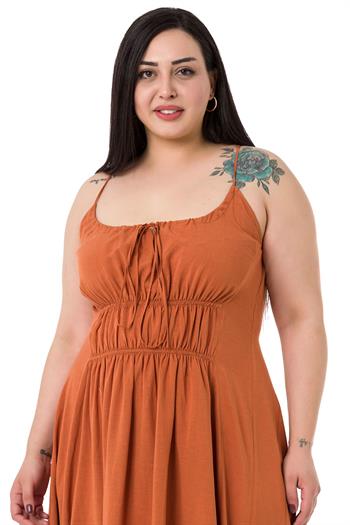 Plus Size Rope Strap Cinnamon Long Dress with Elastic Waist