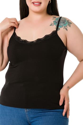 Büyük Beden İp Askılı Dantelli Viskon Siyah Bluz