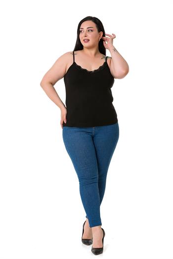 Büyük Beden İp Askılı Dantelli Viskon Siyah Bluz