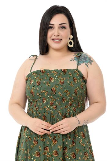 Plus Size Rope Strap Long Green Dress with Ruffles and Elastic at the Chest