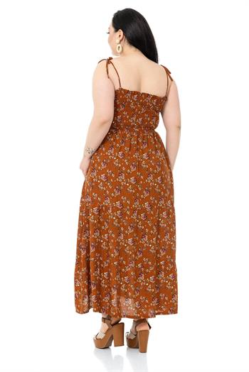 Plus Size Rope Strap Long Brown Dress with Ruffles and Elastic at the Chest
