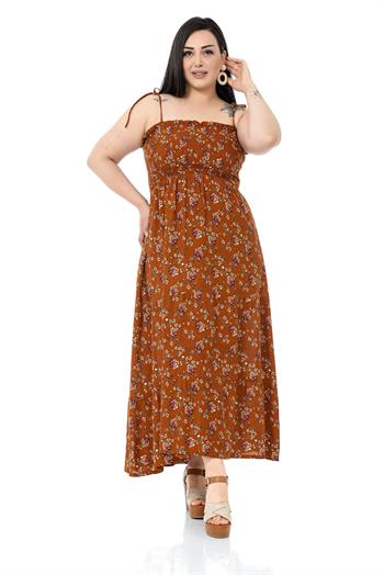 Plus Size Rope Strap Long Brown Dress with Ruffles and Elastic at the Chest