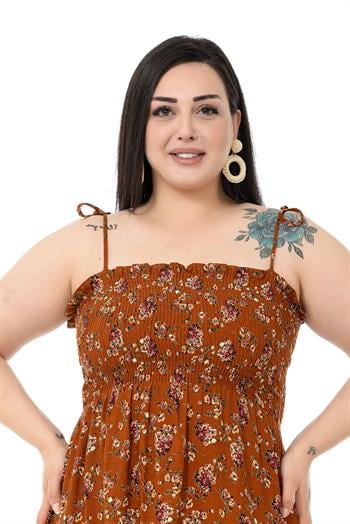 Plus Size Rope Strap Long Brown Dress with Ruffles and Elastic at the Chest