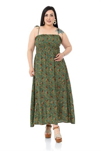 Plus Size Rope Strap Long Green Dress with Ruffles and Elastic at the Chest