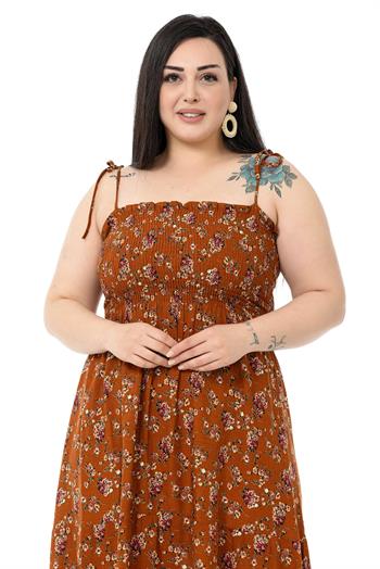Plus Size Rope Strap Long Brown Dress with Ruffles and Elastic at the Chest
