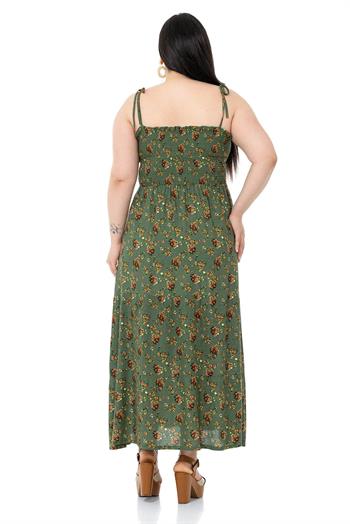 Plus Size Rope Strap Long Green Dress with Ruffles and Elastic at the Chest
