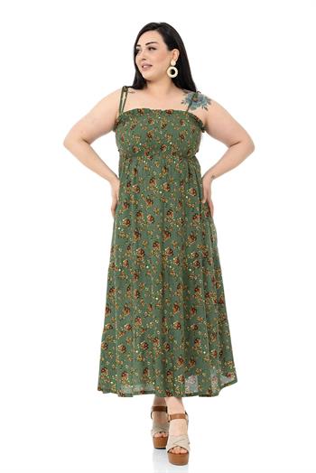 Plus Size Rope Strap Long Green Dress with Ruffles and Elastic at the Chest