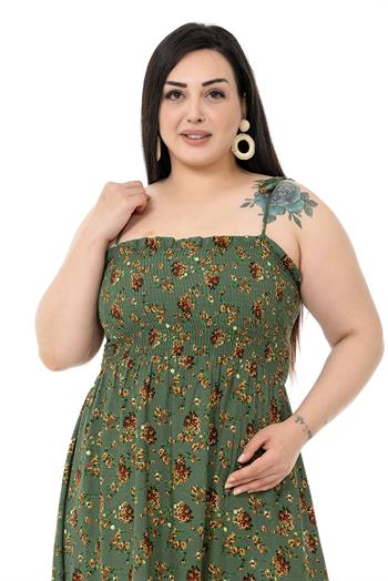 Plus Size Rope Strap Long Green Dress with Ruffles and Elastic at the Chest