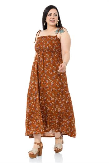 Plus Size Rope Strap Long Brown Dress with Ruffles and Elastic at the Chest