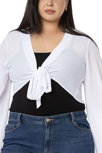 Plus Size Spanish Sleeves Tie Front Chiffon White Bolero