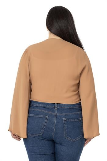 Plus Size Spanish Sleeves Tie Front Chiffon Camel Bolero
