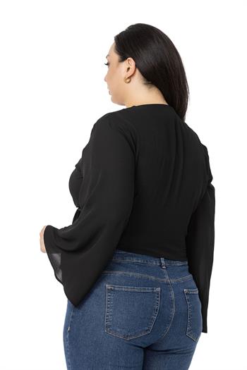 Plus Size Spanish Sleeves Tie Front Chiffon Black Bolero