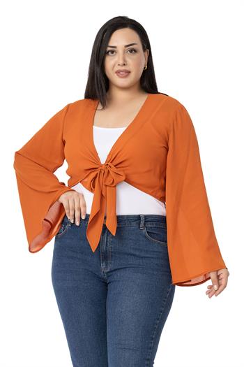 Plus Size Spanish Sleeves Tie Front Chiffon Brick Bolero