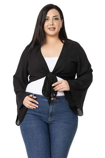 Plus Size Spanish Sleeves Tie Front Chiffon Black Bolero