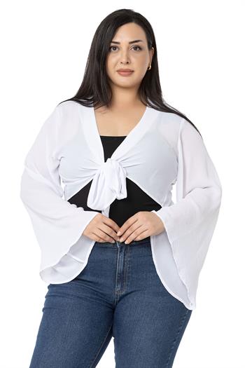 Plus Size Spanish Sleeves Tie Front Chiffon White Bolero