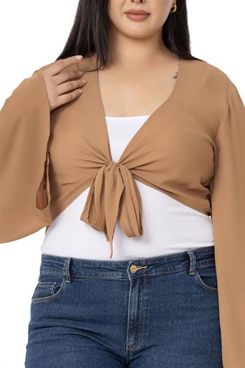 Plus Size Spanish Sleeves Tie Front Chiffon Camel Bolero