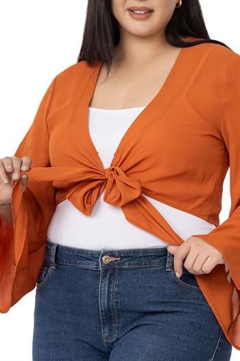 Plus Size Spanish Sleeves Tie Front Chiffon Brick Bolero