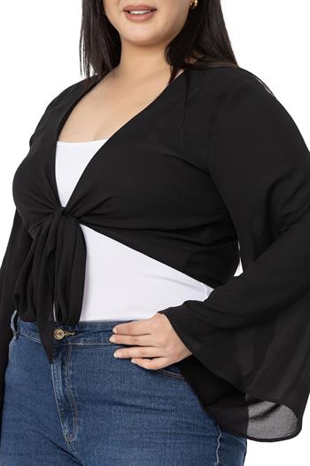 Plus Size Spanish Sleeves Tie Front Chiffon Black Bolero