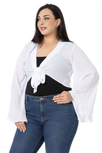 Plus Size Spanish Sleeves Tie Front Chiffon White Bolero