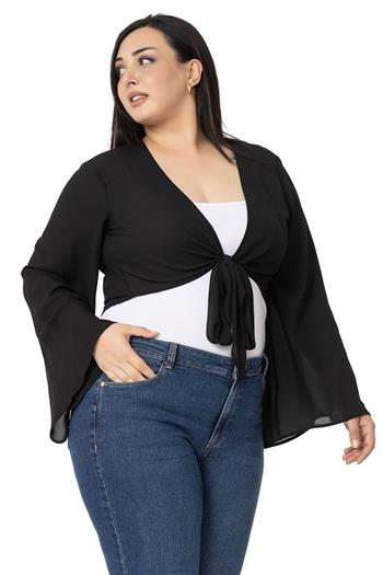 Plus Size Spanish Sleeves Tie Front Chiffon Black Bolero