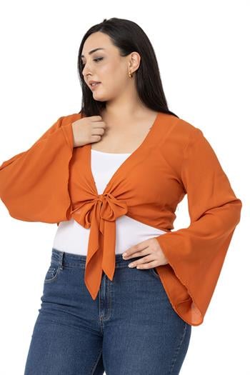 Plus Size Spanish Sleeves Tie Front Chiffon Brick Bolero