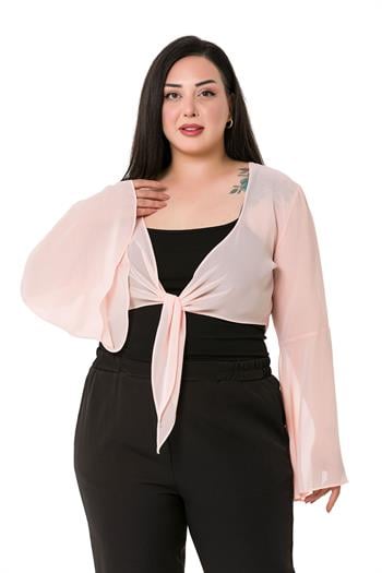 Plus Size Spanish Sleeves Tie Front Chiffon Light Pink Bolero