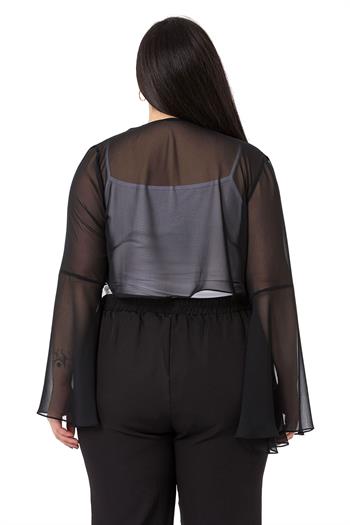 Plus Size Spanish Sleeves Tie Front Chiffon Black Bolero