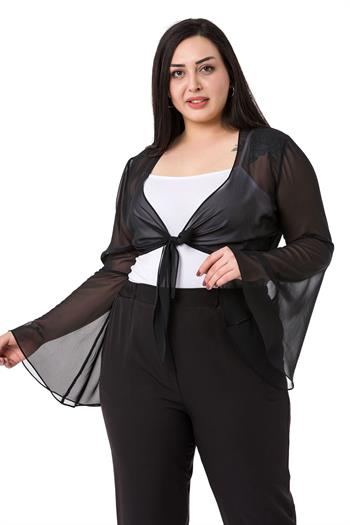 Plus Size Spanish Sleeves Tie Front Chiffon Black Bolero